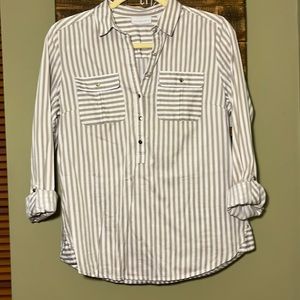 New York & Company Grey & White Striped Button Down Blouse